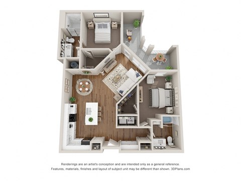 Floor plan for 2 beds, 2 baths, 1213 sqft